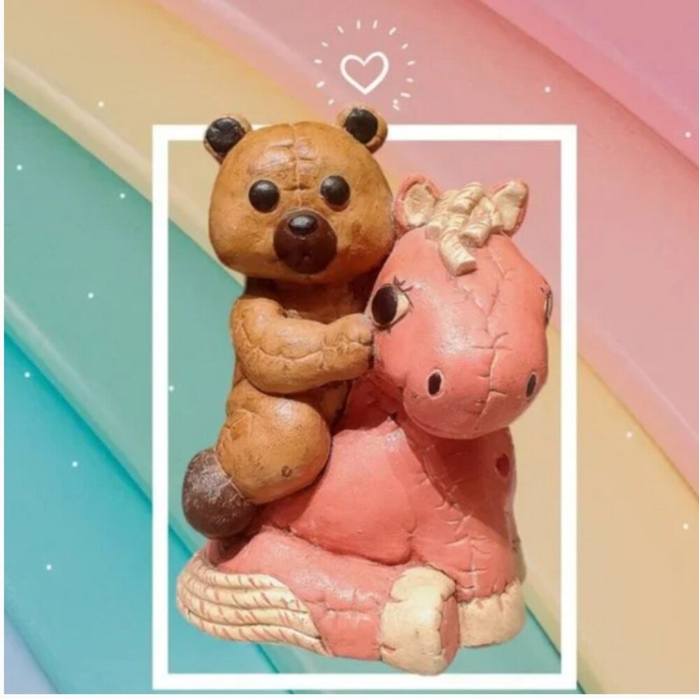 Teddy Bear on Pony Figurine Coin Saver